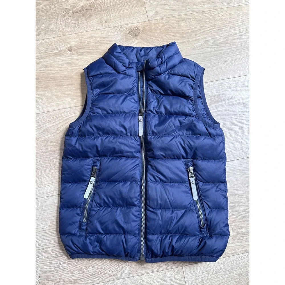 EUC Kids boys girls unisex Hanna Andersson blue puffer vest packs in pocket sz 5